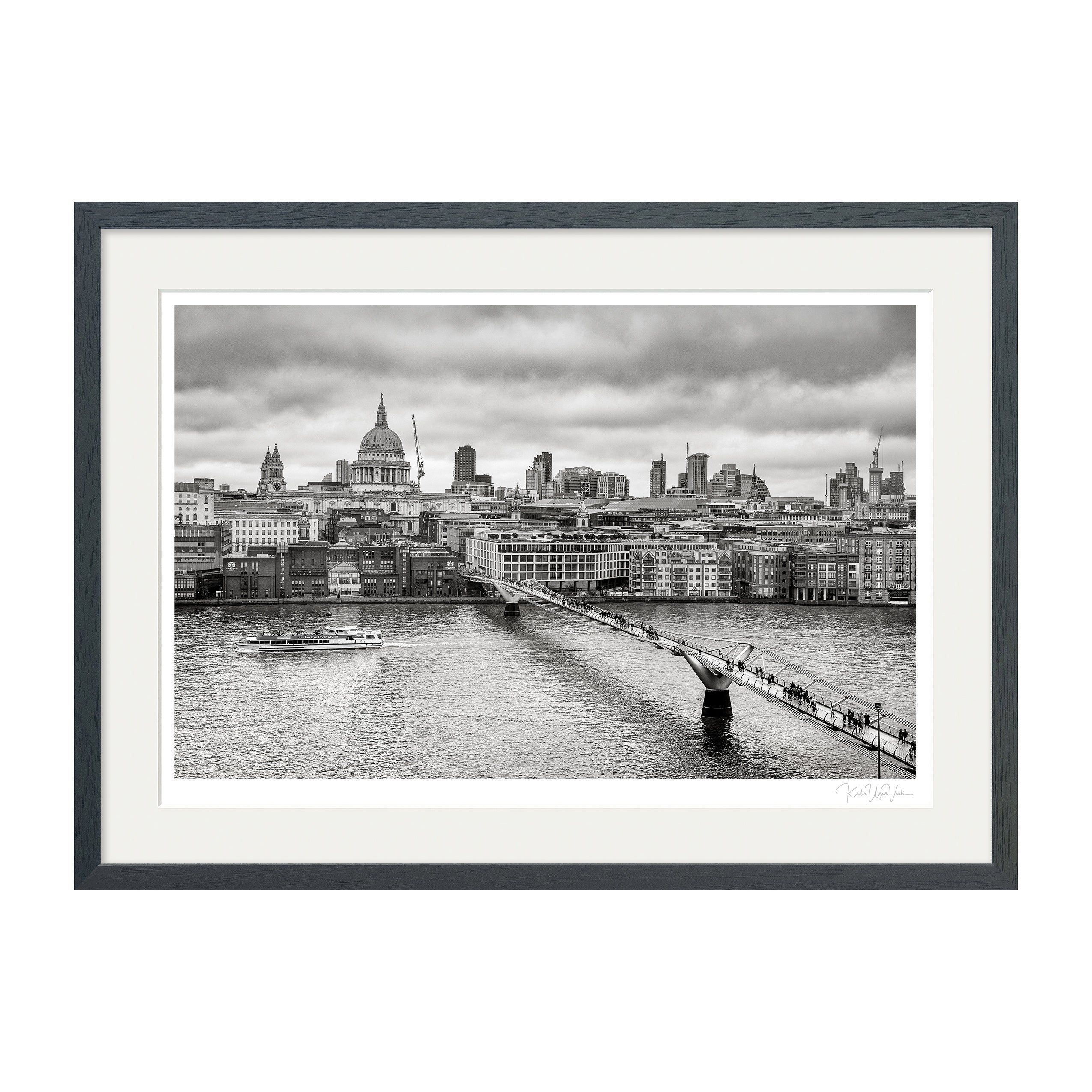 Black and white framed fine art print of London skyline featuring St. Paul’s Cathedral and Millennium Bridge