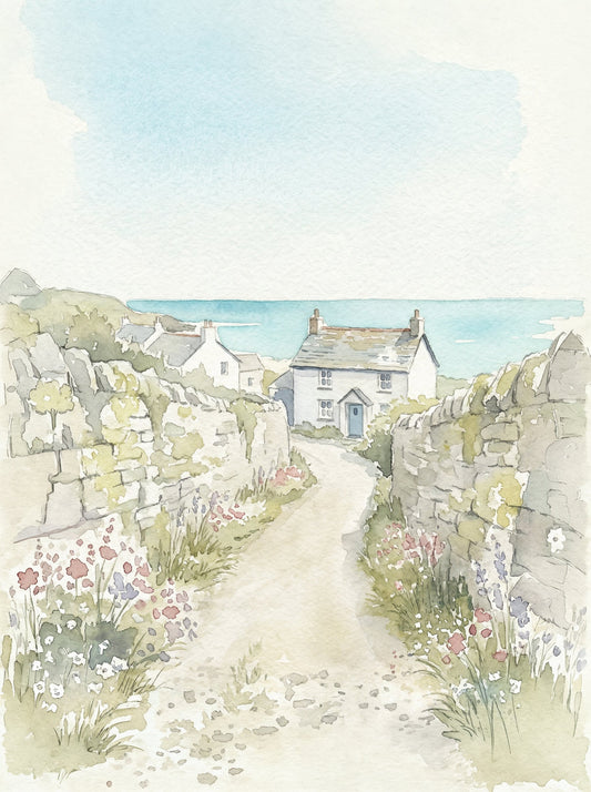 Sunlit Cornish coastal lane between ancient stone walls with wildflowers leading to a white cottage with a blue door and the pale turquoise sea beyond, pastel watercolour fine art print