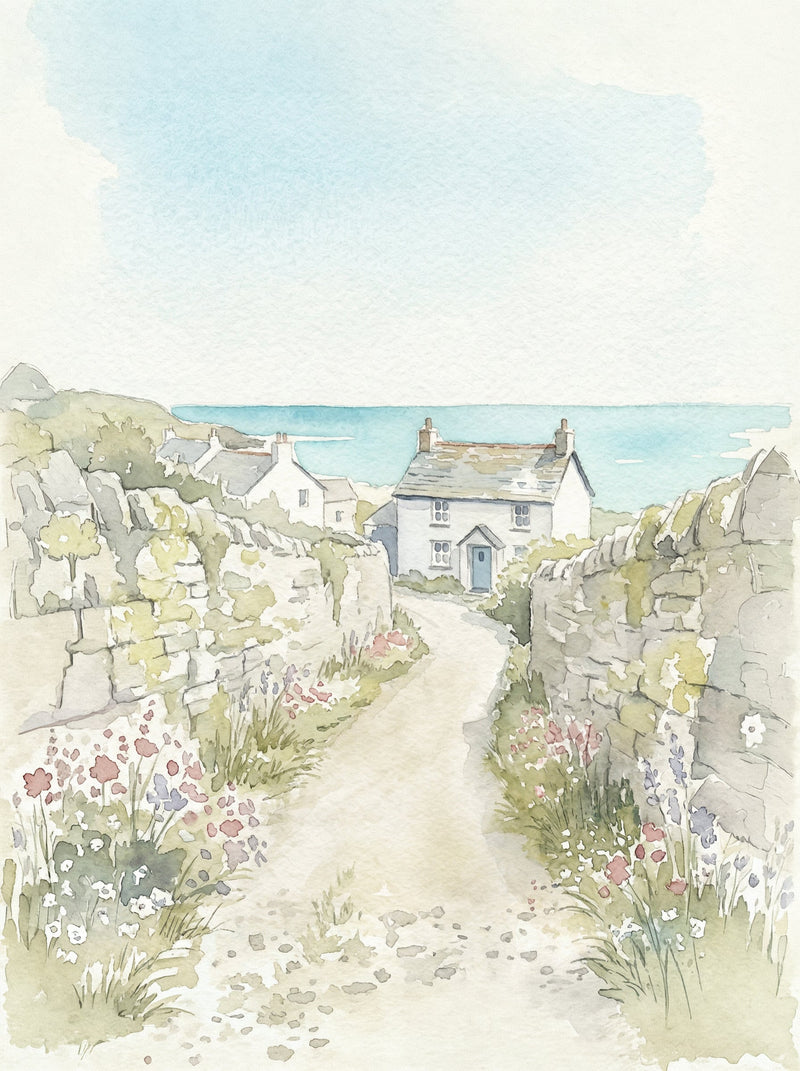 Sunlit Cornish coastal lane between ancient stone walls with wildflowers leading to a white cottage with a blue door and the pale turquoise sea beyond, pastel watercolour fine art print