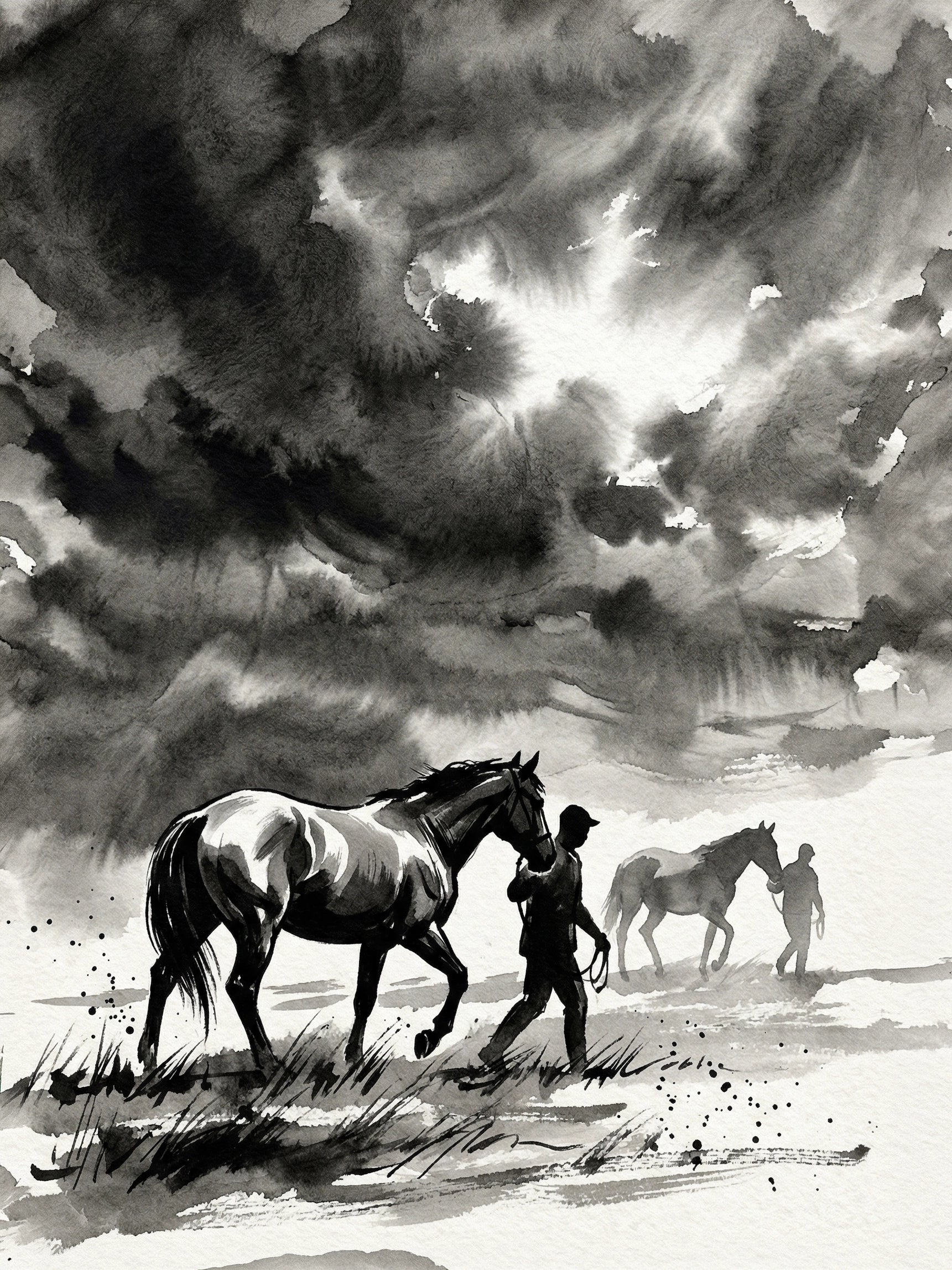 Two grooms leading horses across open ground beneath vast dramatic storm clouds, monochrome ink wash equestrian wall art print UK