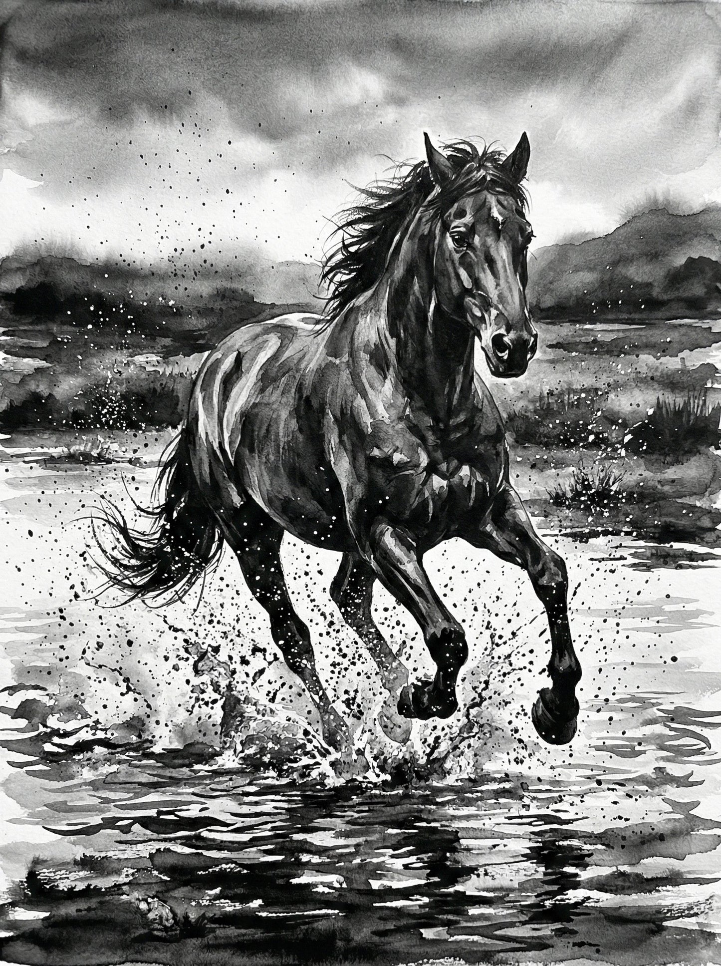 Powerful horse galloping through water with splashing droplets, dark storm clouds behind, dramatic monochrome ink wall art print UK