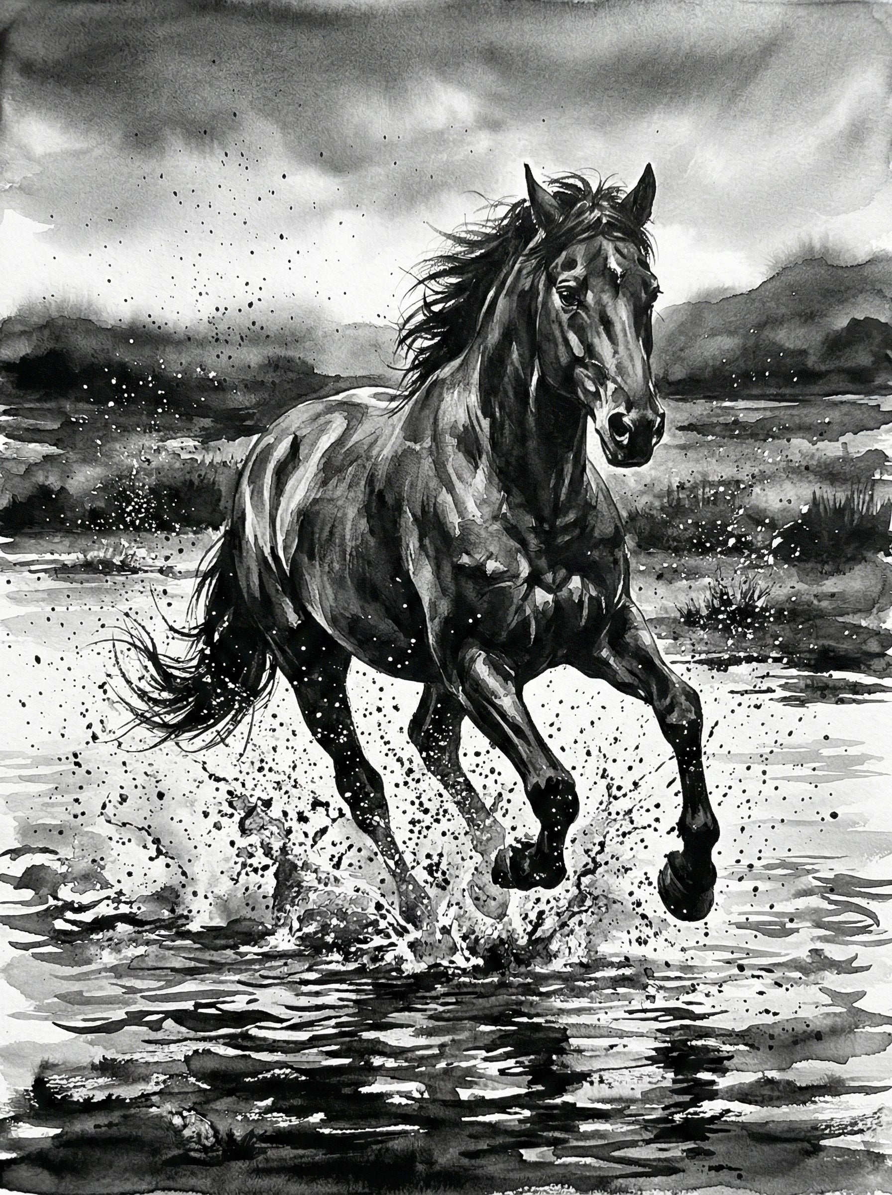 Powerful horse galloping through water with splashing droplets, dark storm clouds behind, dramatic monochrome ink wall art print UK
