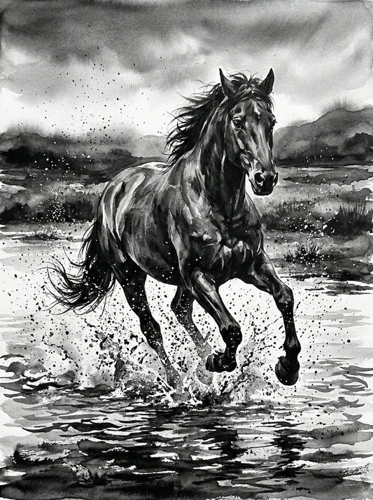 Powerful horse galloping through water with splashing droplets, dark storm clouds behind, dramatic monochrome ink wall art print UK