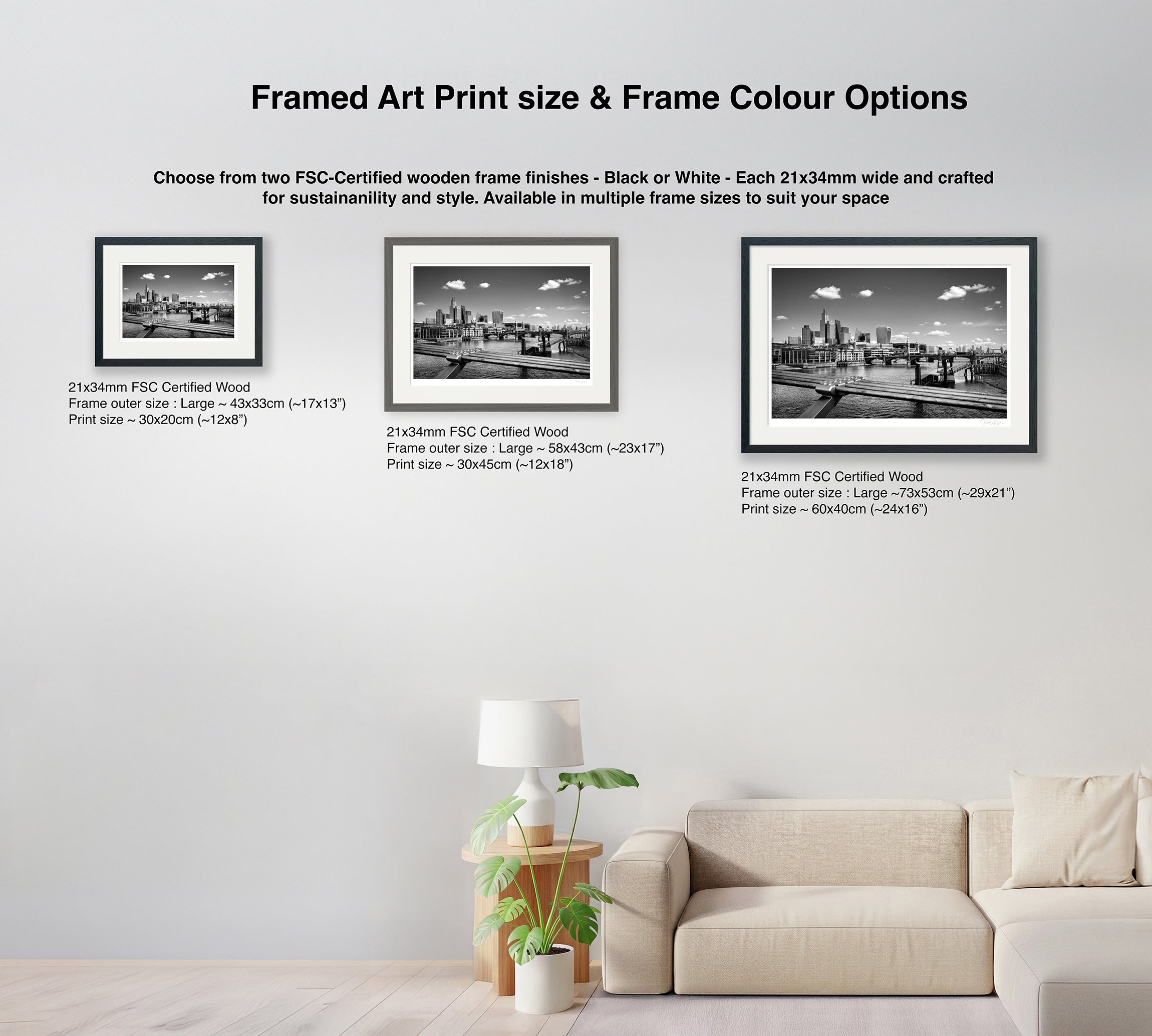 Elegant wooden frame displaying London Thames artwork with UV protective glass and conservation mounting
