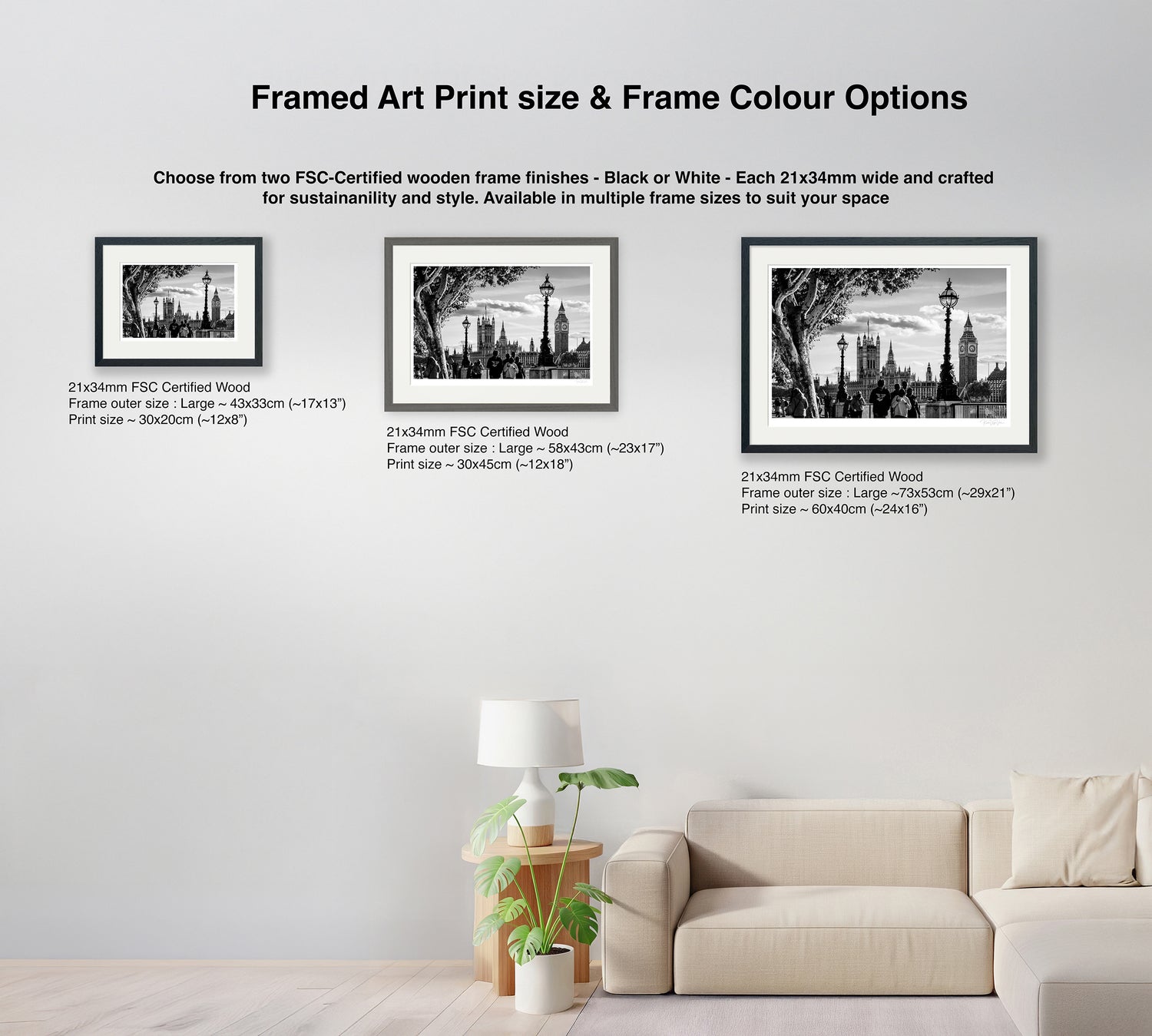 Size comparison of framed London Big Ben art prints with frame color options (black and grey) in a living room setting.