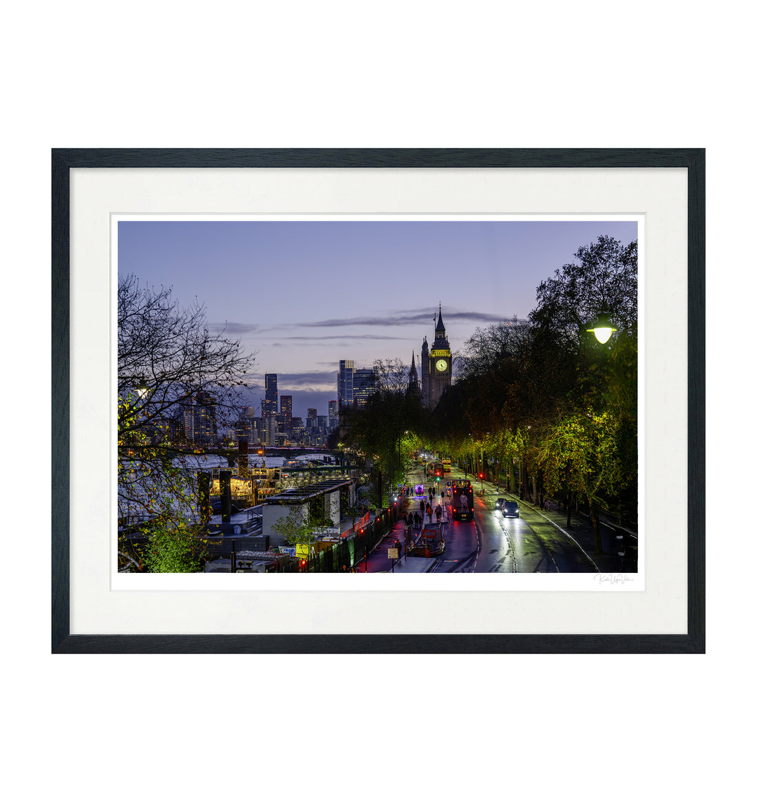 Framed London Southbank night scene featuring Big Ben and illuminated trees, fine art wall print with black mount and wood frame