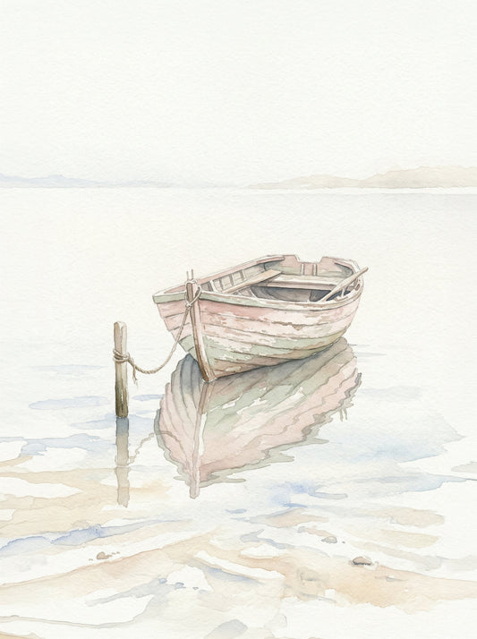 A weathered wooden rowing boat with faded blush and sage paintwork moored to a single post, its reflection perfectly mirrored in still water with distant hills barely visible, minimalist pastel watercolour fine art print