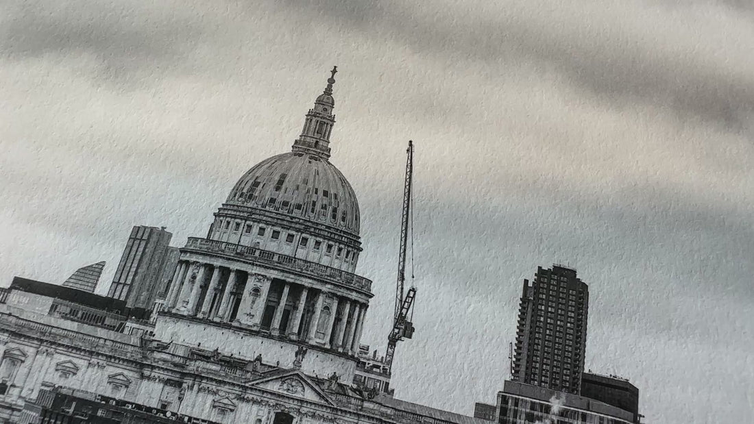 Close-up of Hahnemühle Photo Rag 308gsm fine art print featuring architectural black and white image – shows paper texture and print detail