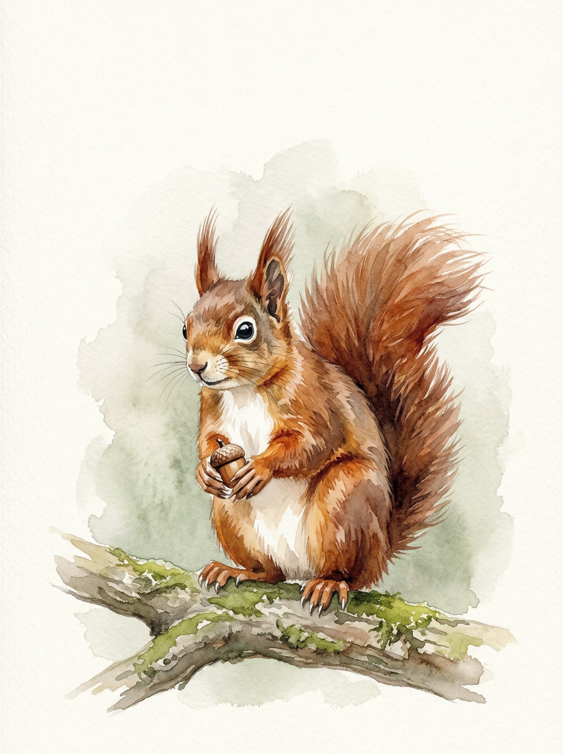 Red squirrel with distinctive ear tufts holding an acorn on a mossy oak branch, painted in warm russet and chestnut watercolour washes, British wildlife fine art print