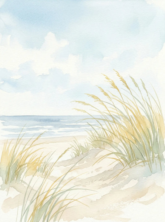 Watercolour painting of golden dune grass swaying in the sea breeze with pale sand, soft blue sky and calm horizon — fine art print by SnappyTack