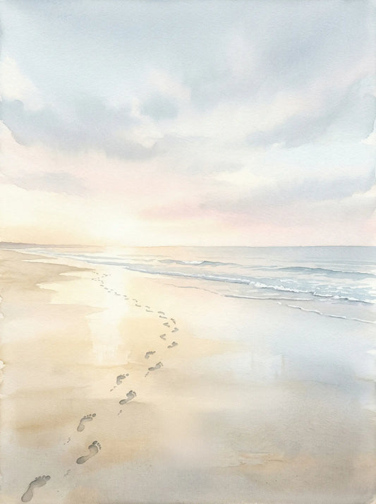 Watercolour painting of barefoot footprints trailing along a quiet shoreline with pale sand, soft teal waves and blush dawn sky — fine art print by SnappyTack