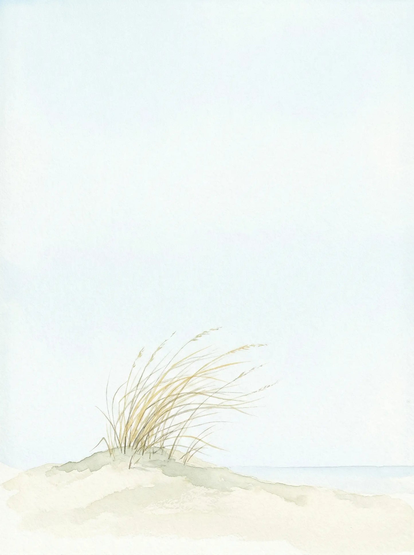 Minimalist watercolour of a single marram grass tuft on a sand dune against a vast pale blue sky — fine art print by SnappyTack