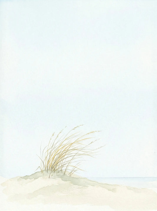 Minimalist watercolour of a single marram grass tuft on a sand dune against a vast pale blue sky — fine art print by SnappyTack