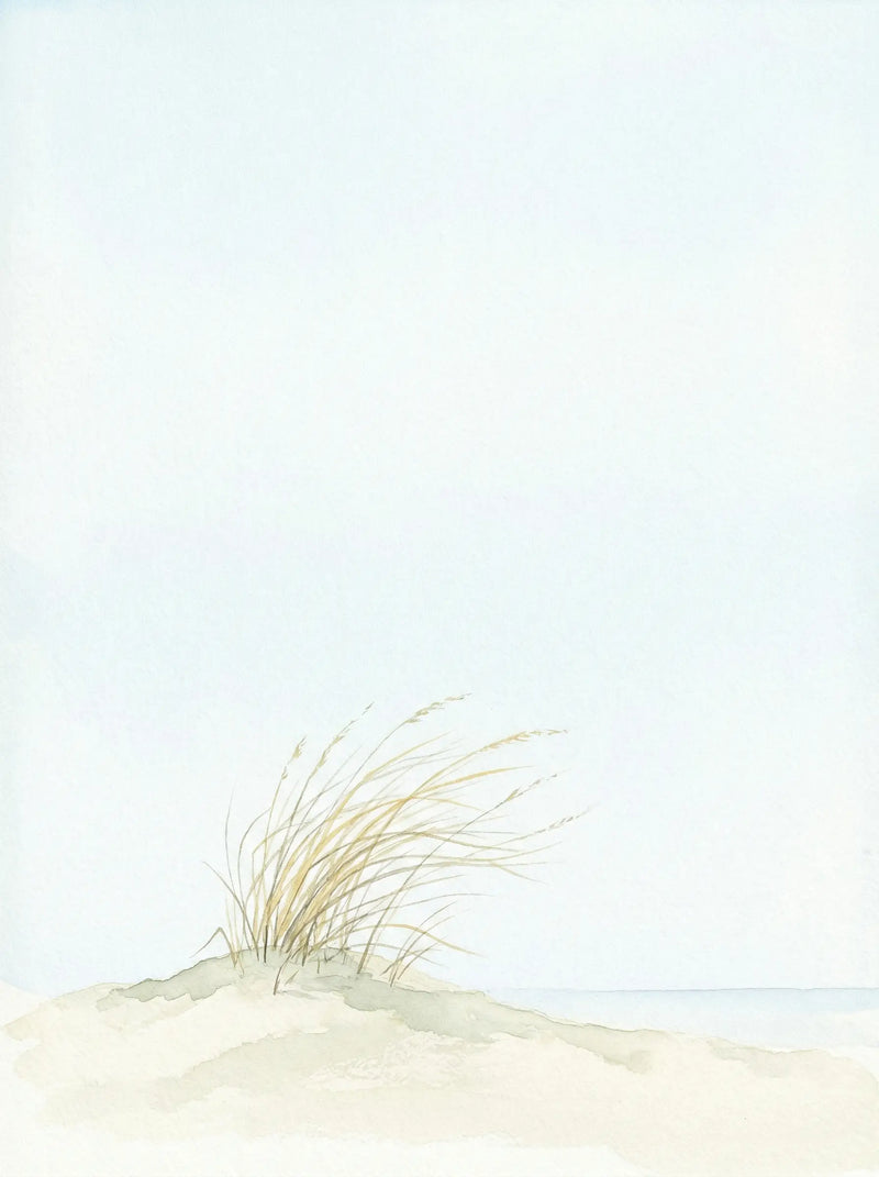 Minimalist watercolour of a single marram grass tuft on a sand dune against a vast pale blue sky — fine art print by SnappyTack