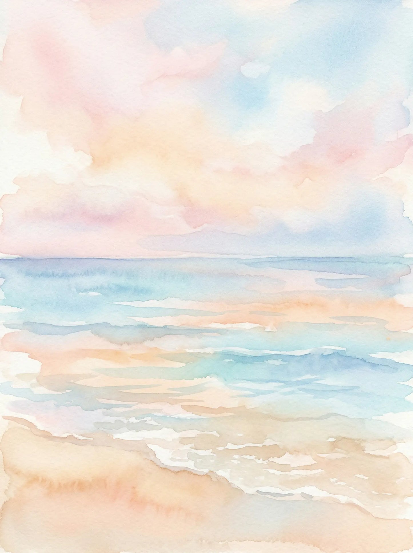 Soft watercolour of a calm shoreline with pastel pink and peach clouds, clear teal water and warm sandy beach — fine art print by SnappyTack
