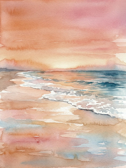 Watercolour painting of a beach at golden hour with warm peach and rose sky, teal waves and soft foam on sand — fine art print by SnappyTack