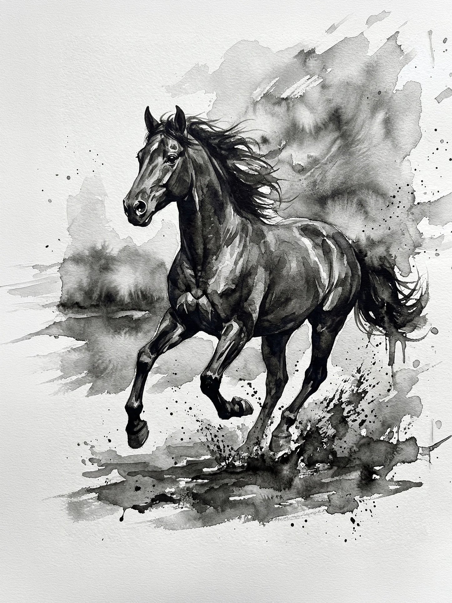 Dramatic ink wash painting of a wild horse galloping with flowing mane, expressive charcoal washes and ink splatter on white paper — fine art print by SnappyTack