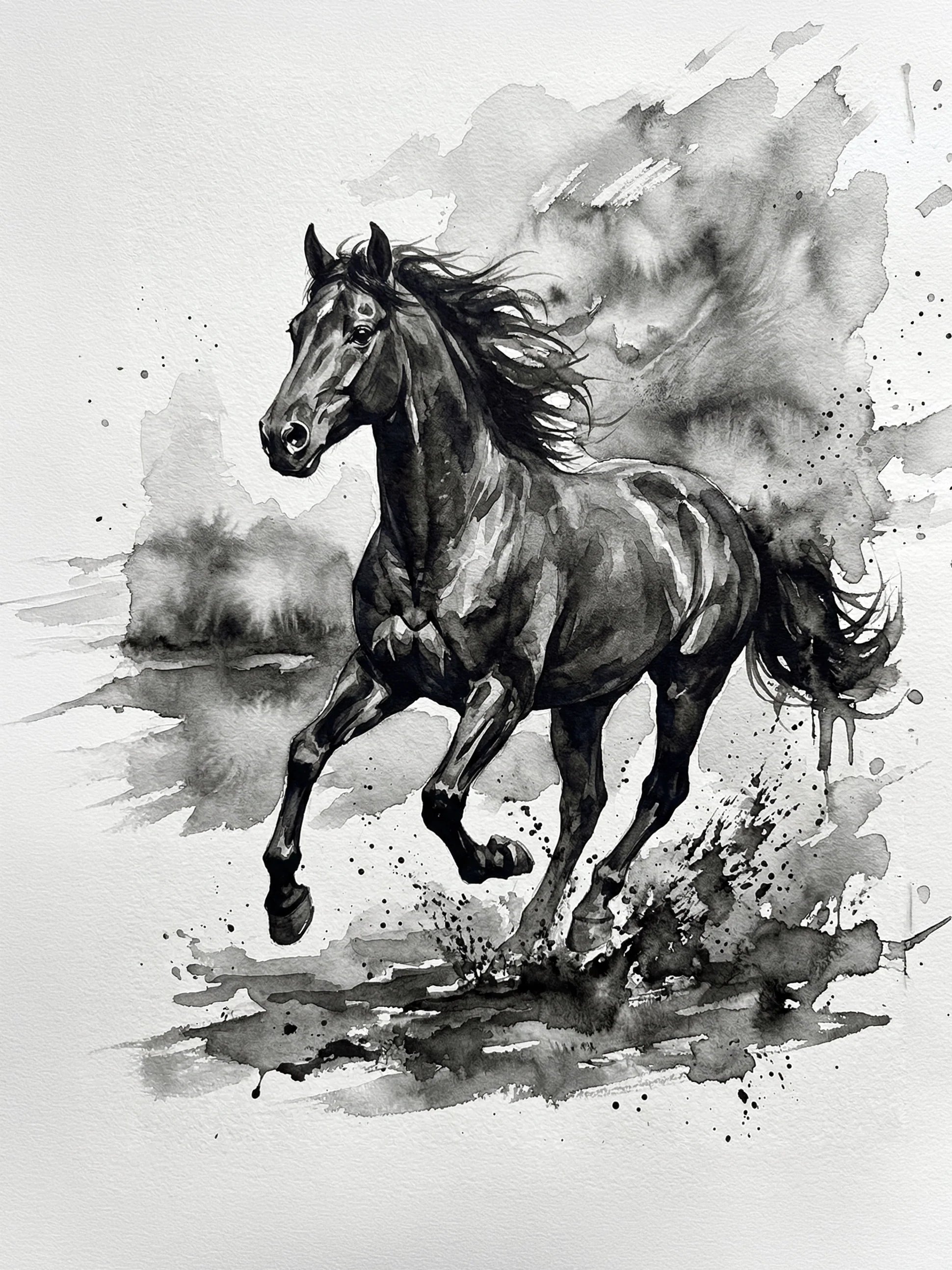 Dramatic ink wash painting of a wild horse galloping with flowing mane, expressive charcoal washes and ink splatter on white paper — fine art print by SnappyTack