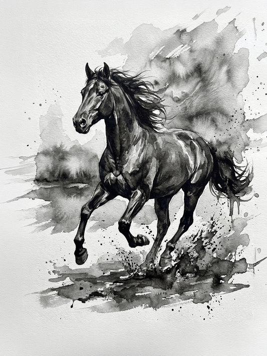 Dramatic ink wash painting of a wild horse galloping with flowing mane, expressive charcoal washes and ink splatter on white paper — fine art print by SnappyTack