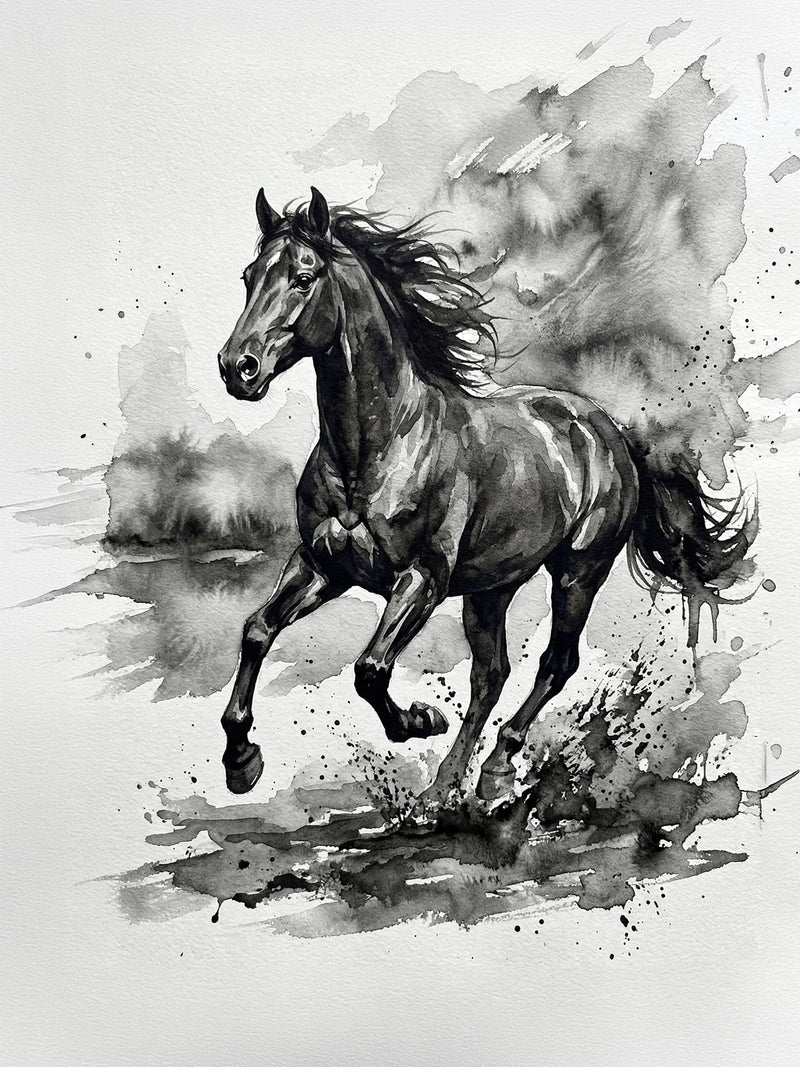 Dramatic ink wash painting of a wild horse galloping with flowing mane, expressive charcoal washes and ink splatter on white paper — fine art print by SnappyTack