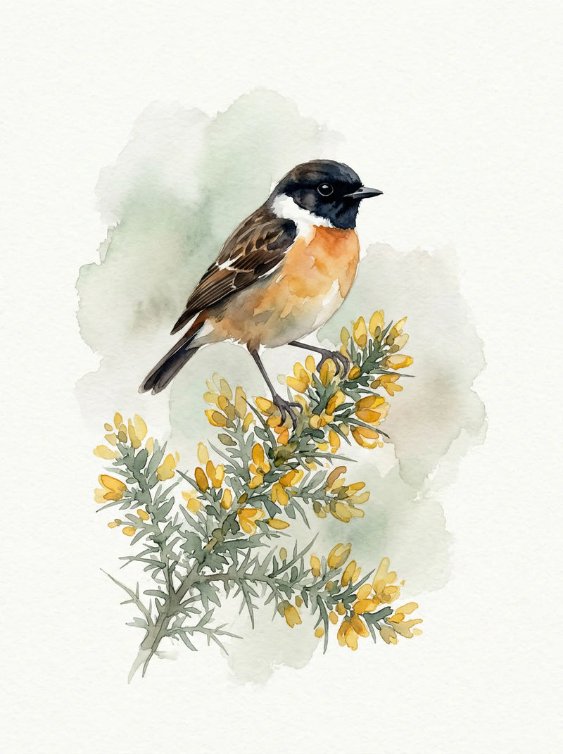 Male stonechat perched on flowering gorse bush, black head, russet chest, British countryside wildlife watercolour print UK