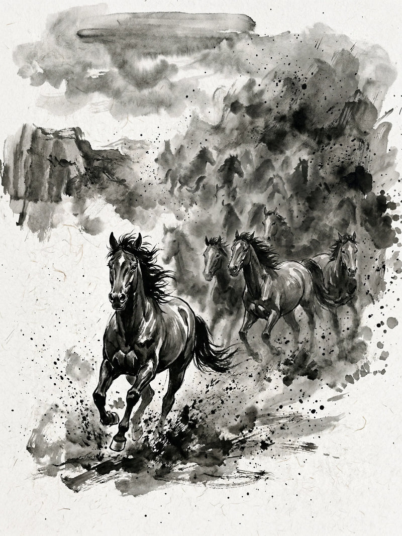 Dark wild horse galloping through swirling ink cloud and splatters, fierce and dramatic, expressive equine wall art print UK